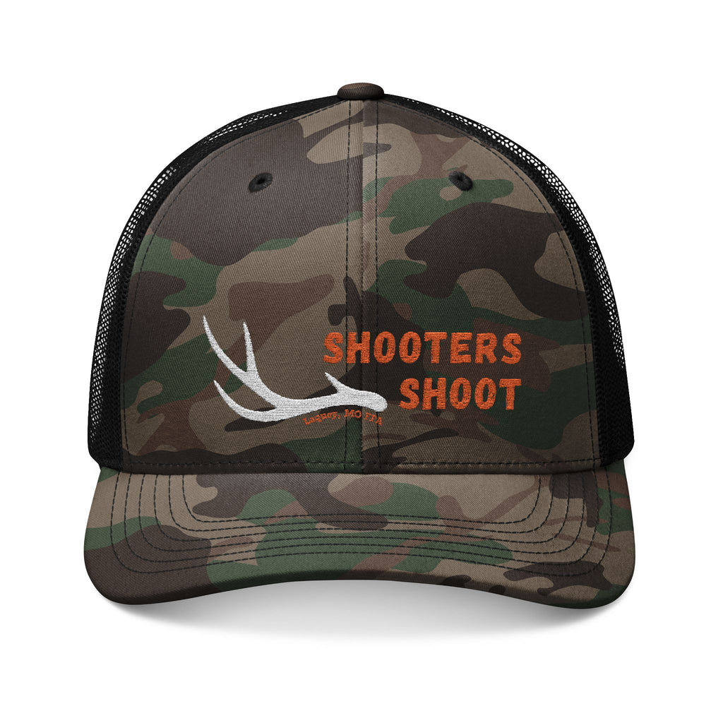 Camo Trucker Hat — Embroidered Antler Logo "Shooters Shoot"