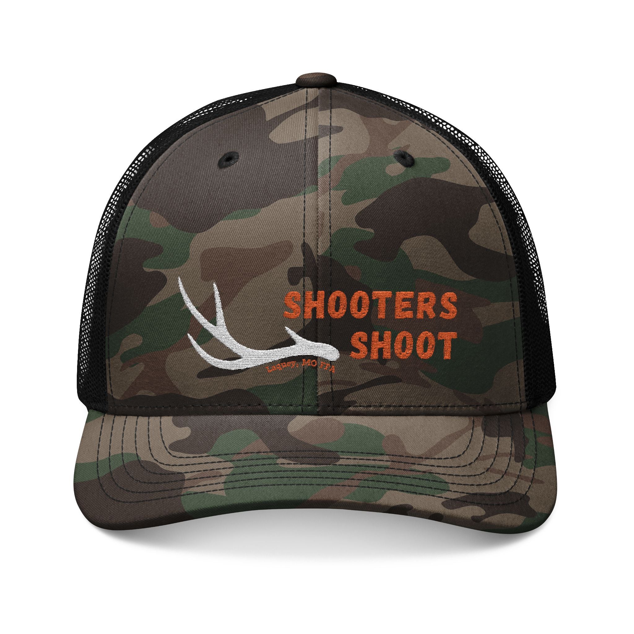 Camo Trucker Hat — Embroidered Antler Logo "Shooters Shoot"