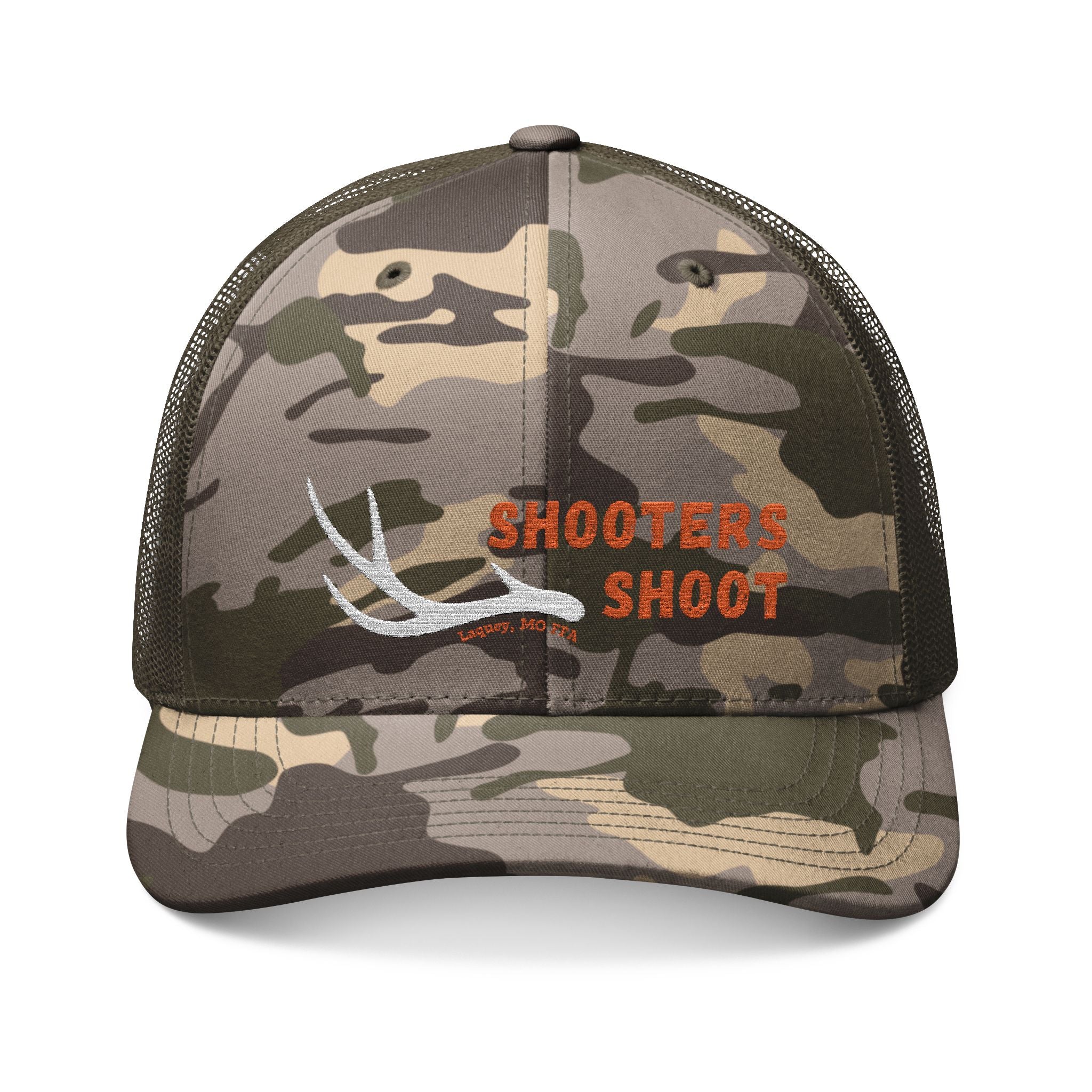 Camo Trucker Hat — Embroidered Antler Logo "Shooters Shoot"