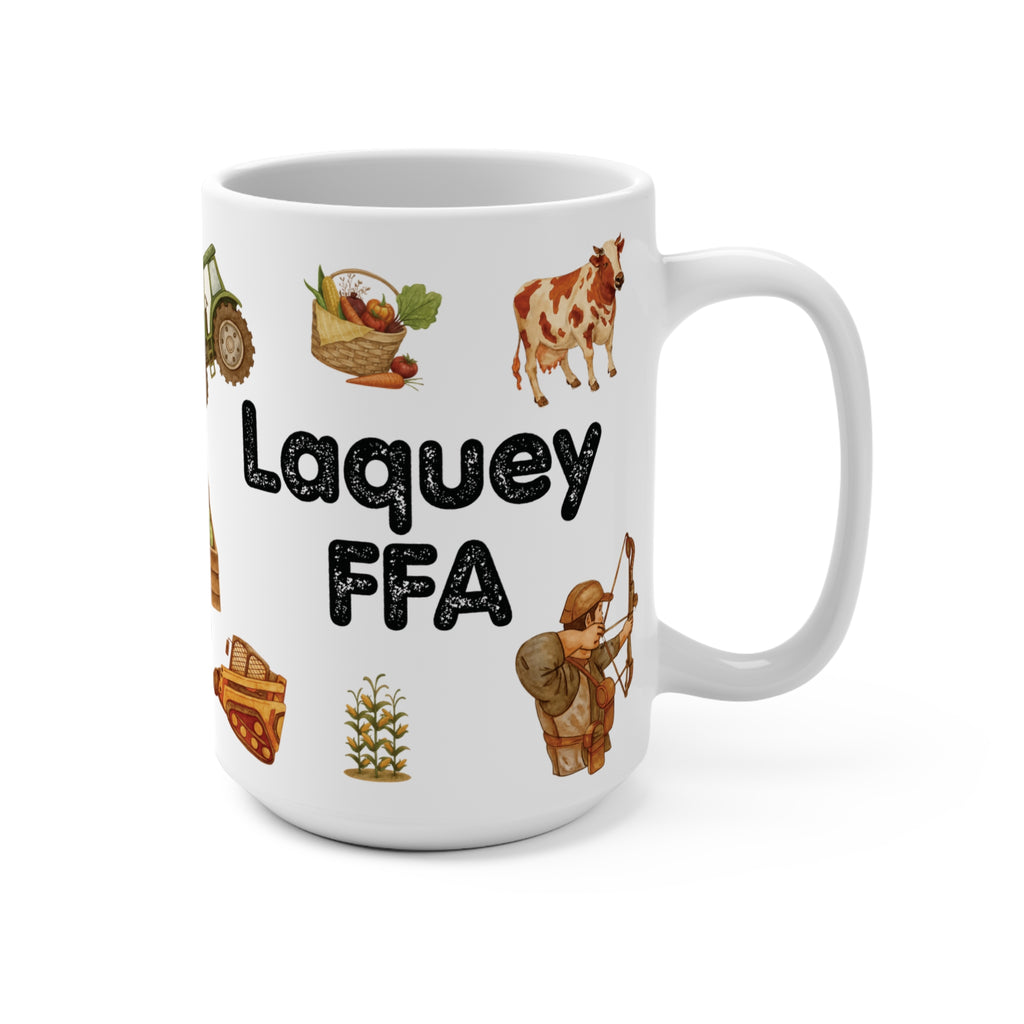 FFA Farm Life 15oz Ceramic Mug — 'Laquey FFA' Rustic Tractor, Cow & Harvest Design