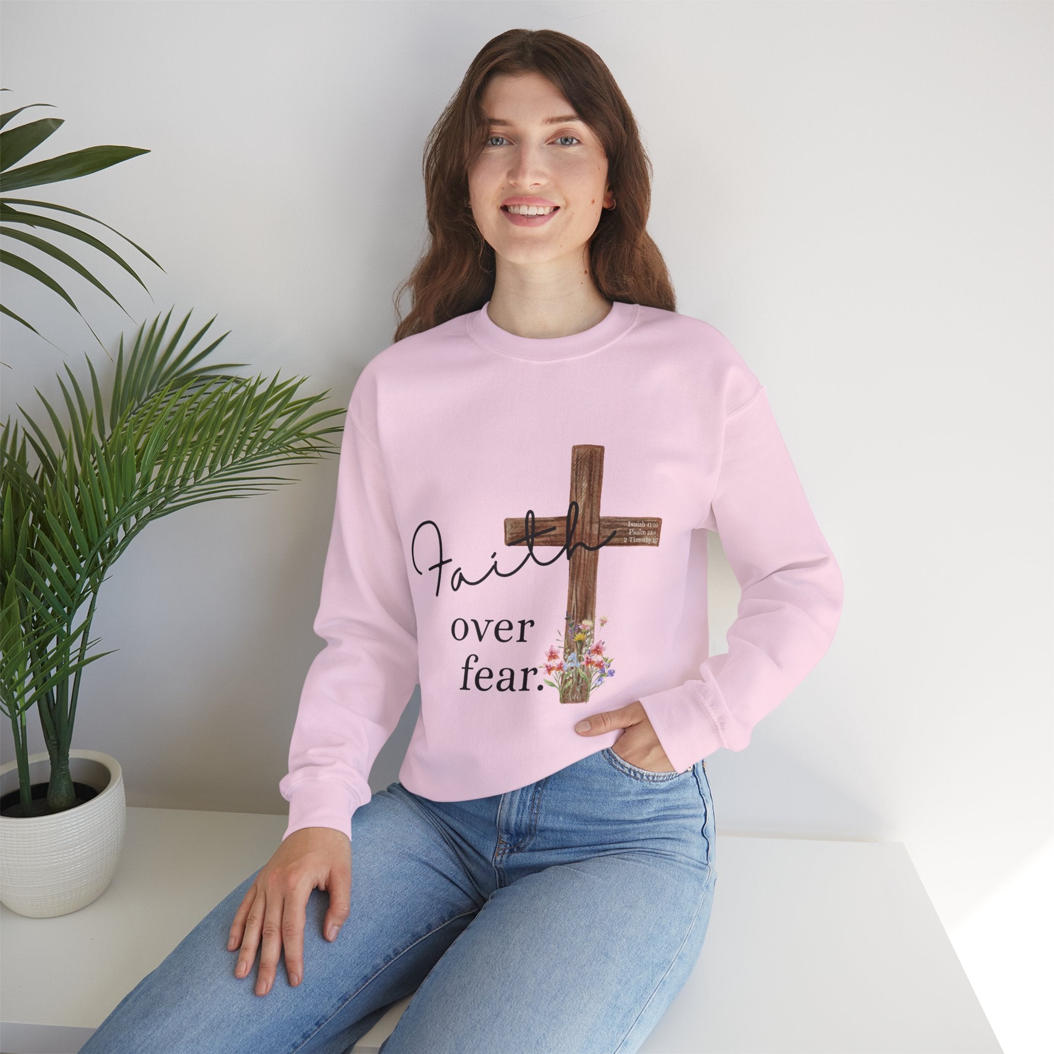 Faith Over Fear Sweatshirt — Floral Cross Christian Crewneck