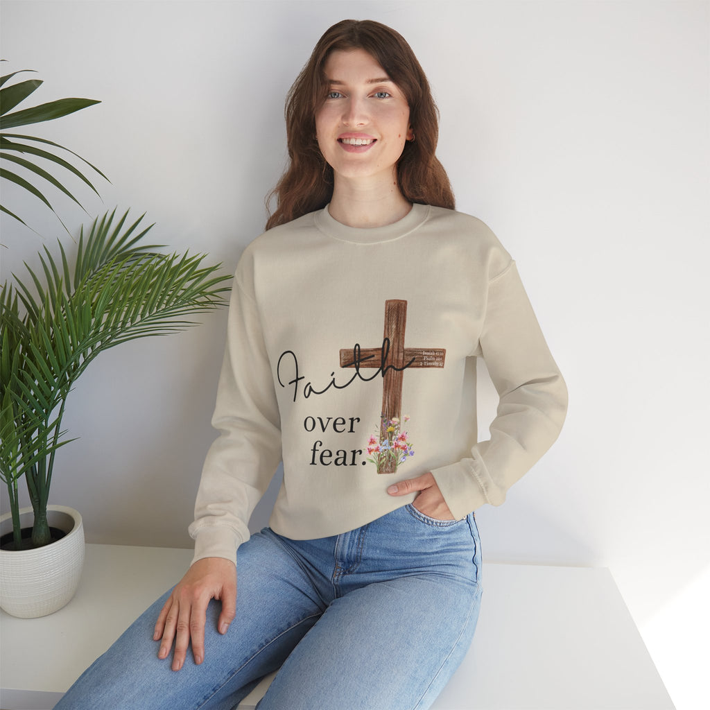 Faith Over Fear Sweatshirt — Floral Cross Christian Crewneck