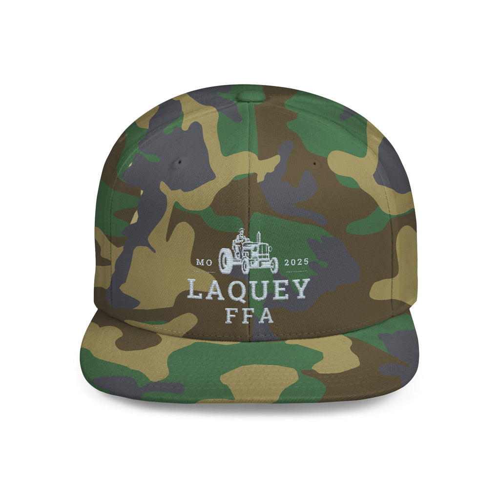 Camouflage cap with 'Laquey FFA' logo on a white background