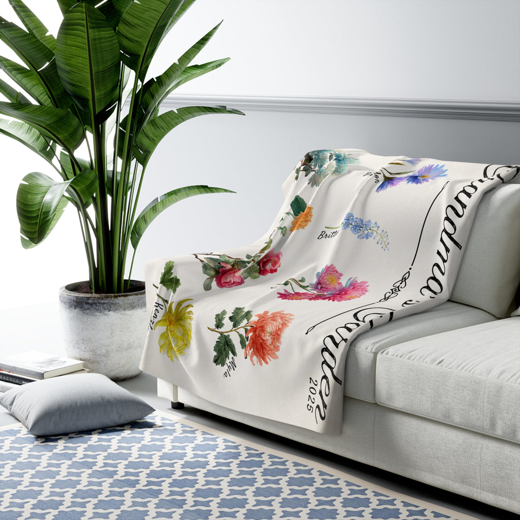 Custom Design - Grandma’s Garden Sherpa Blanket — Personalized Floral Names & Year