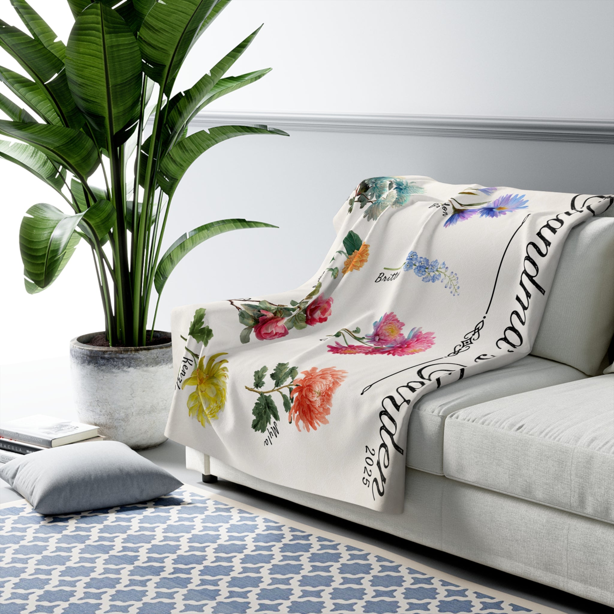 Custom Design - Grandma’s Garden Sherpa Blanket — Personalized Floral Names & Year