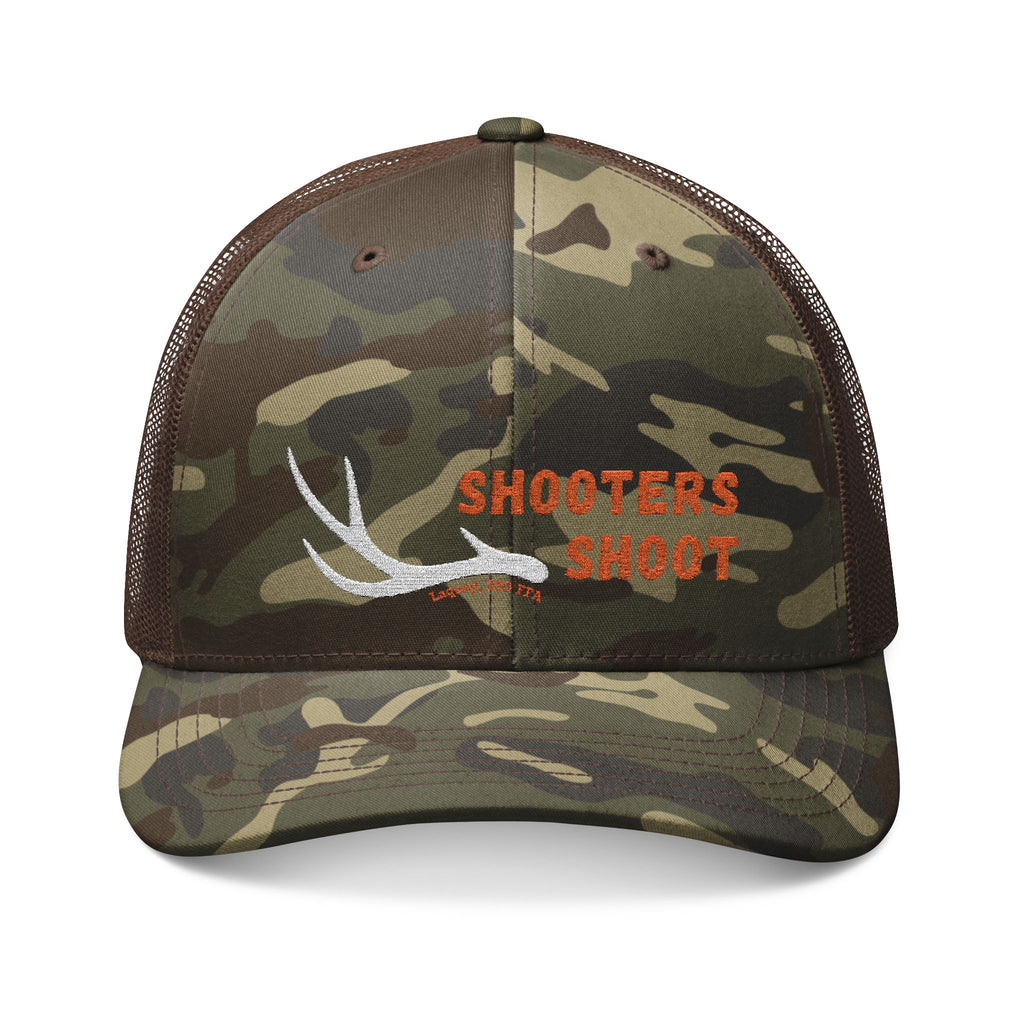 Camo Trucker Hat — Embroidered Antler Logo "Shooters Shoot"