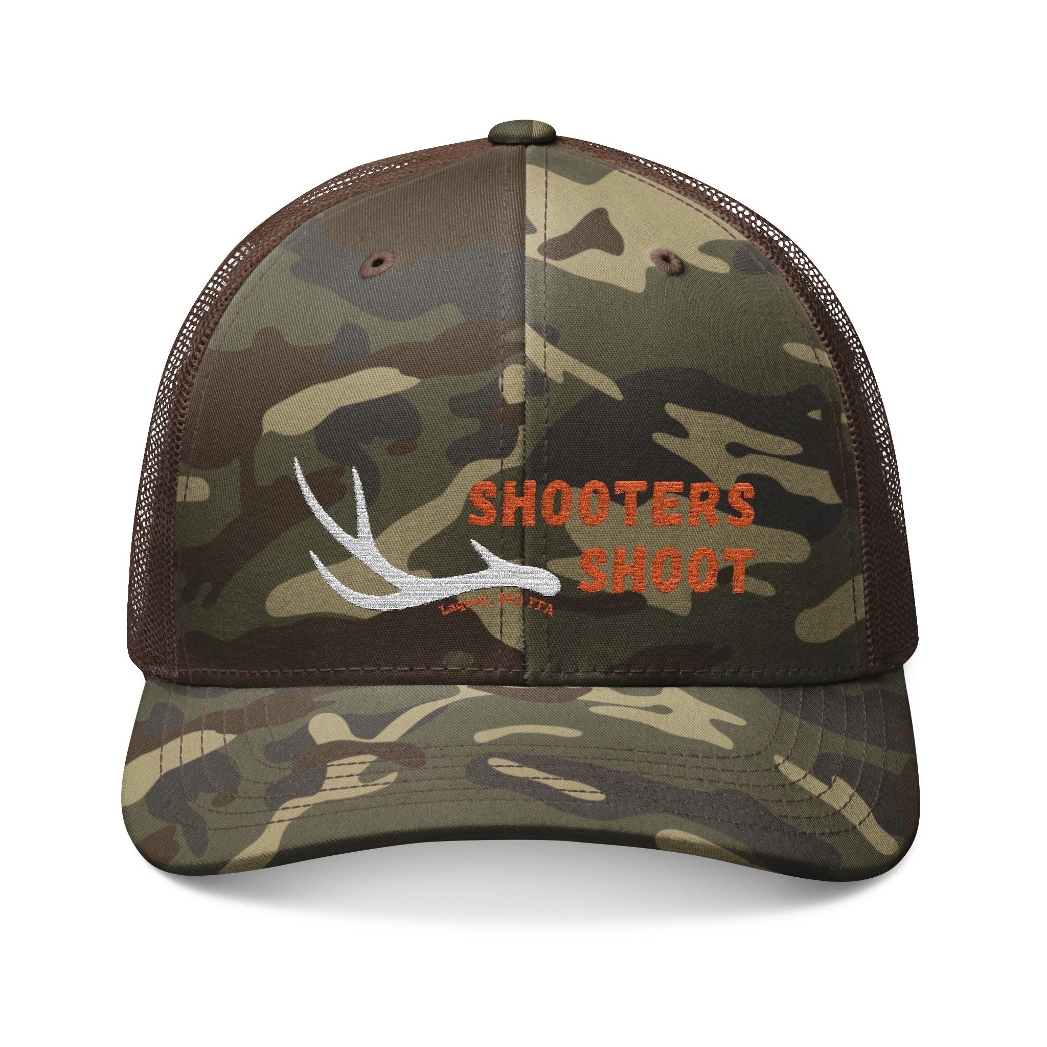 Camo Trucker Hat — Embroidered Antler Logo "Shooters Shoot"