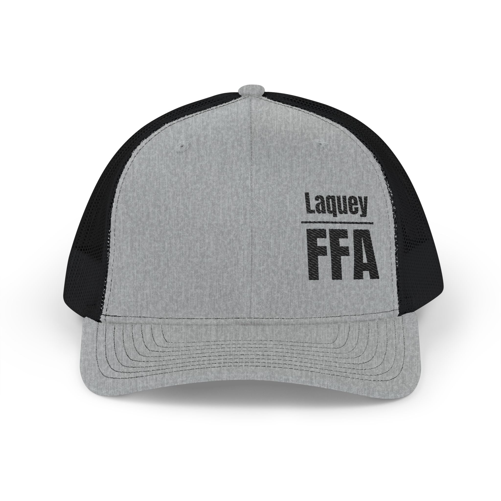 Gray and black cap with 'Laquey FFA' text on a white background