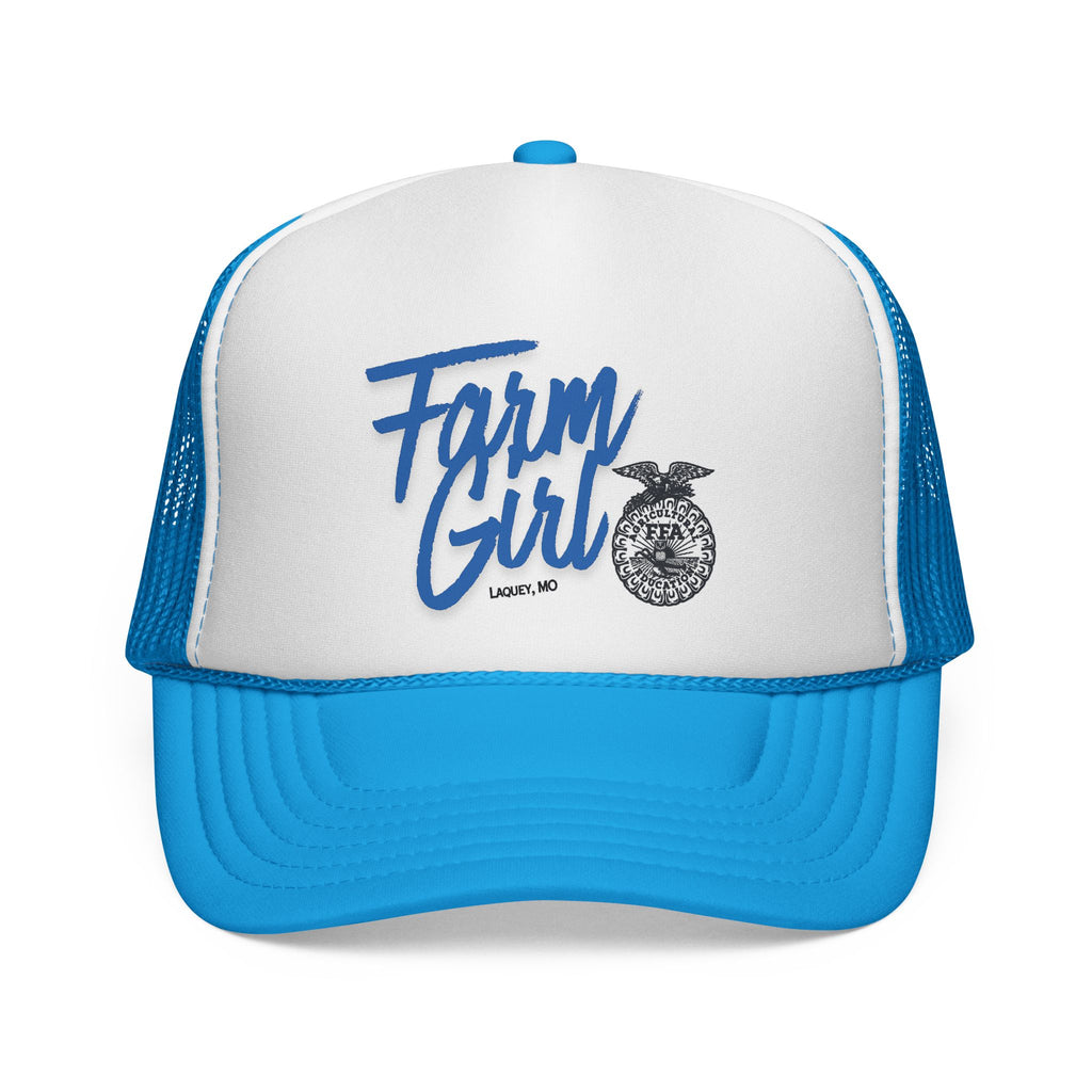 Blue and white cap with 'Farm Girl' text on a white background