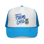 Blue and white cap with 'Farm Girl' text on a white background