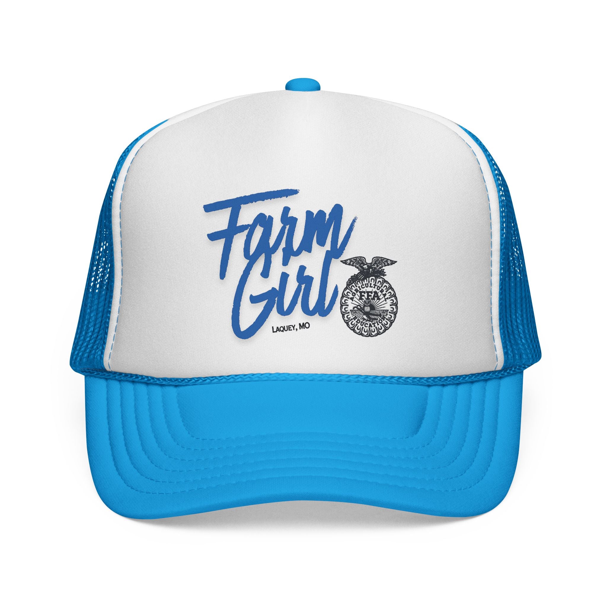 Blue and white cap with 'Farm Girl' text on a white background