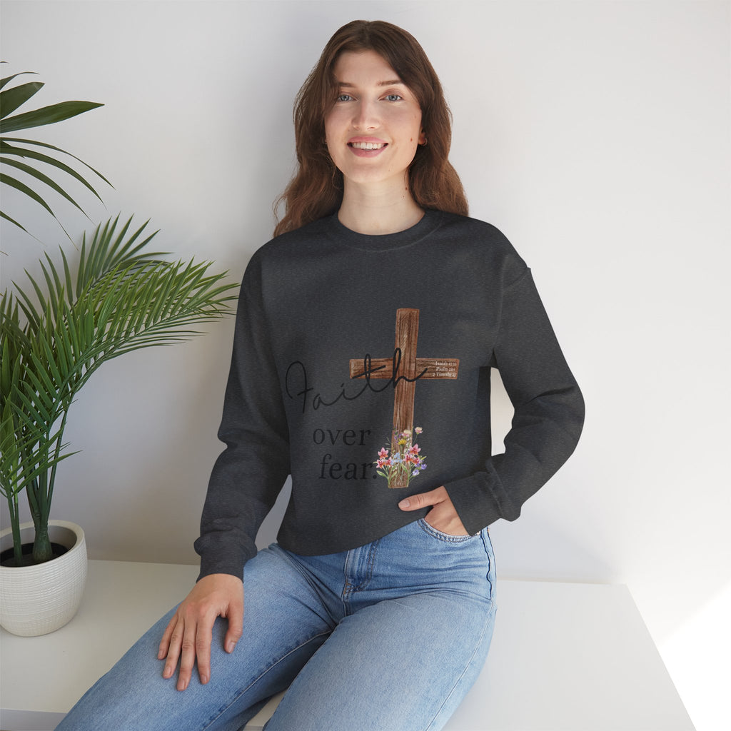Faith Over Fear Sweatshirt — Floral Cross Christian Crewneck