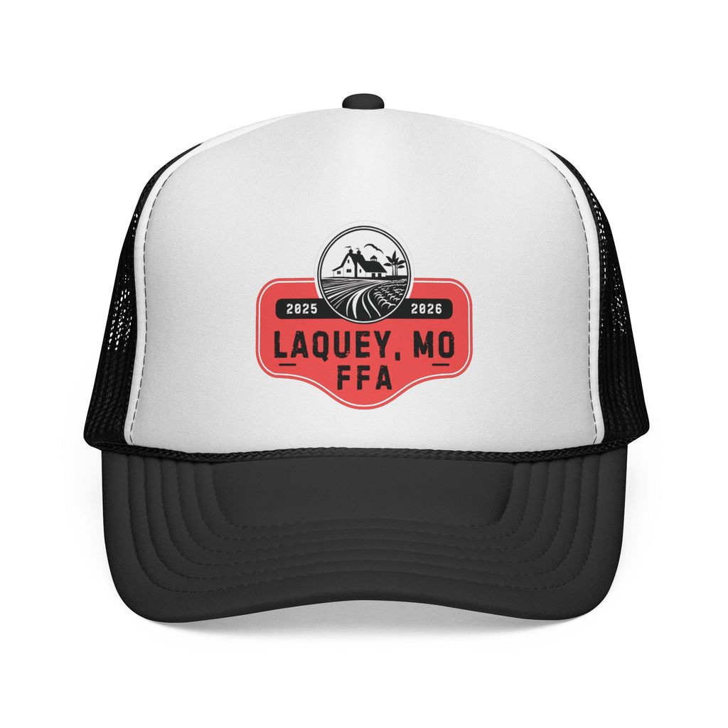 White and black trucker hat with red and black logo on a white background