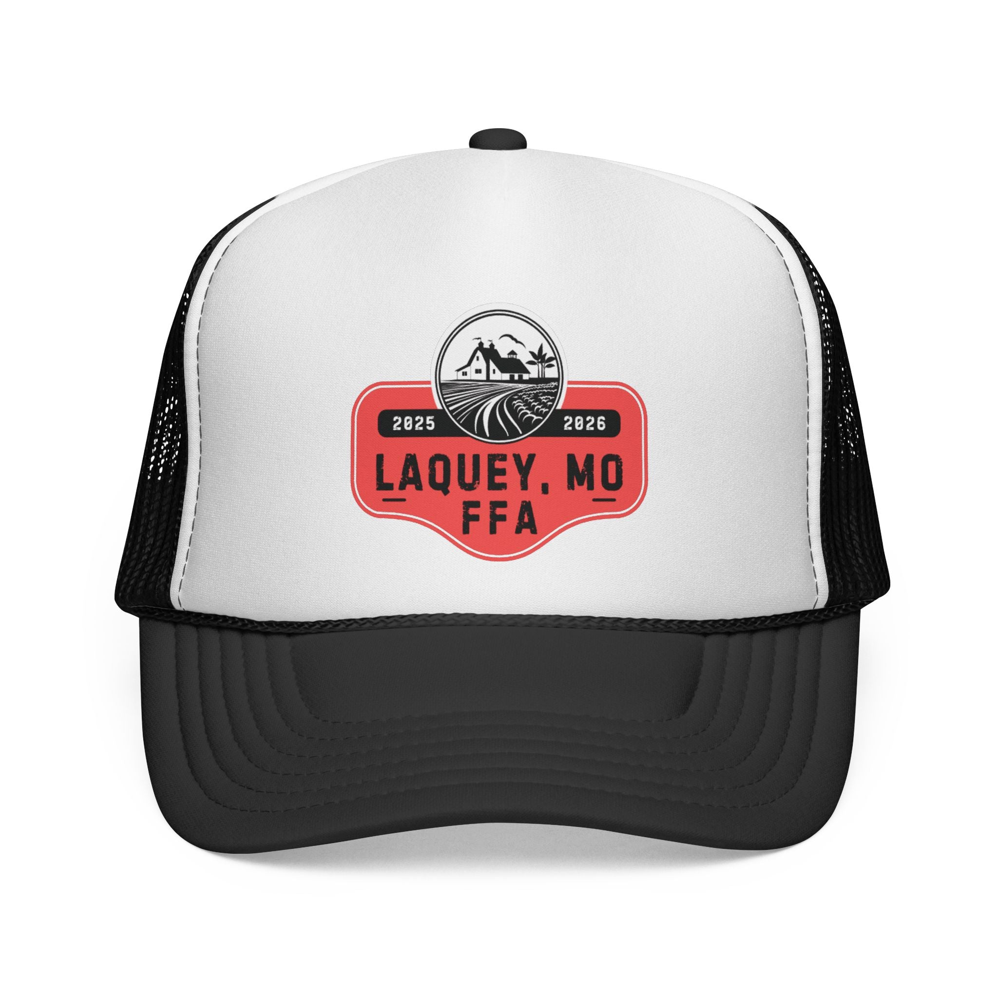 White and black trucker hat with red and black logo on a white background